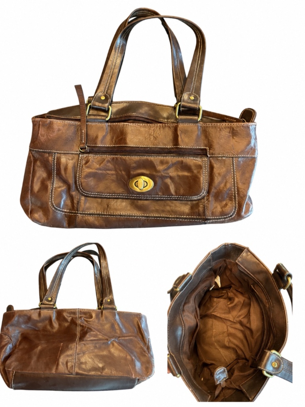 Garage Blowout Brown Genuine Leather Vinyl Trim Tote Bag Y2K